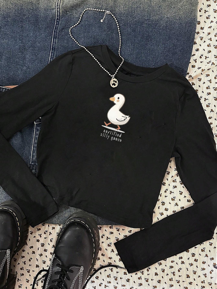 Damen figurbetontes Langarmshirt mit niedlichem Gänse-Print, Rundhalsausschnitt und leichtem Stretch – Avérine