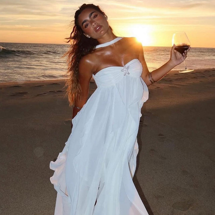 Damen Abendkleid mit fließendem Rock und verspielten Rüschen Echo Archiv
