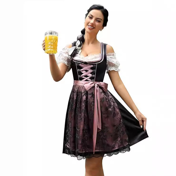 Damen nan klassisches Dirndlkleid mit geschnürtem Mieder, knielanger Trachtenrock und Satinschleife Echo Archiv