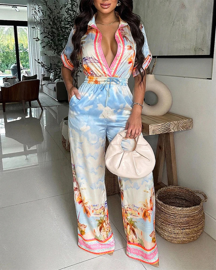 Damen Satin-Jumpsuit mit Hemdkragen, tiefem V-Ausschnitt und weitem Palazzobein – Solévia