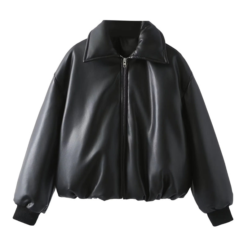 Damen nan gepolsterte Cropped Kunstleder-Bomberjacke mit Hemdkragen elastischem Saum und Rippbündchen Echo Archiv