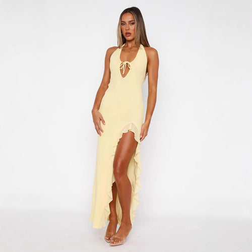 Damen Maxi-Kleid mit Halterneck und asymmetrischen Rüschendetails Echo Archiv