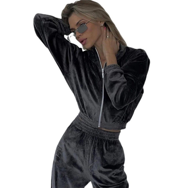 Damen Samt-Loungewear-Set mit kurzem Reißverschluss und geraffter Taillenpartie – Élanora