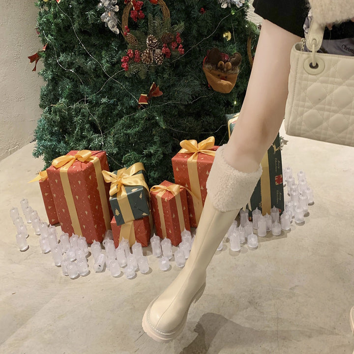 Damen Kniehohe Stiefel mit Teddyfutter-Bündchen und geformter Plateau-Sohle Echo Archiv