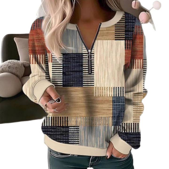 Damen nan gemütlicher Pullover mit kurzem Reißverschluss, grafischem Patchworkmuster, verlängerten Ärmelbündchen und geripptem Saum Echo Archiv