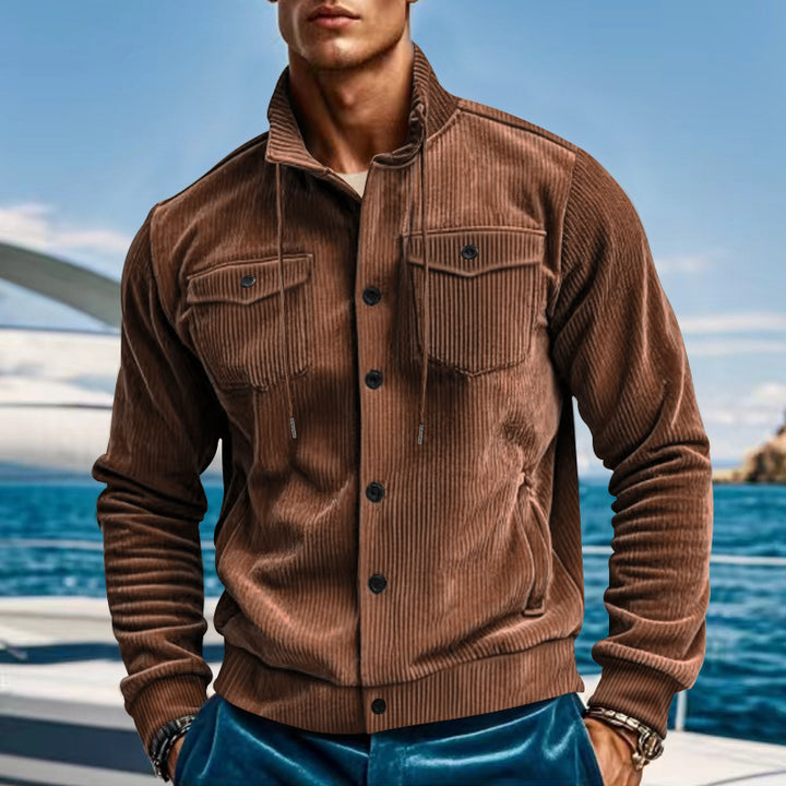 Herren nan lässige fein gerippte Cordjacke mit Stehkragen, Brusttaschen und elastischem Saum Echo Archiv