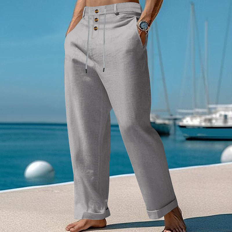 Herren elegante Leinenhose mit verstellbarem Kordelzug und Knopfdetails Echoarchiv