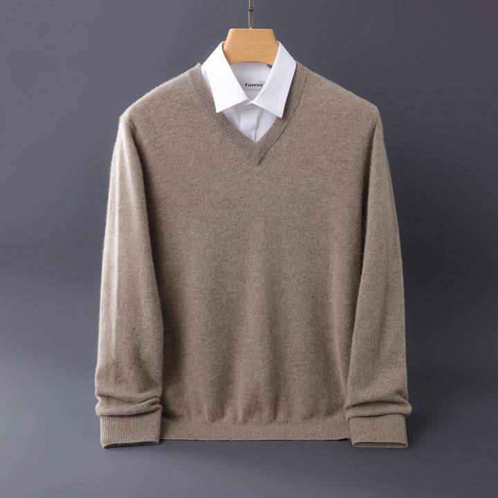 Herren Feiner V-Ausschnitt-Pullover aus Merino-Kaschmir-Mix mit gerippten Bündchen Echoarchiv