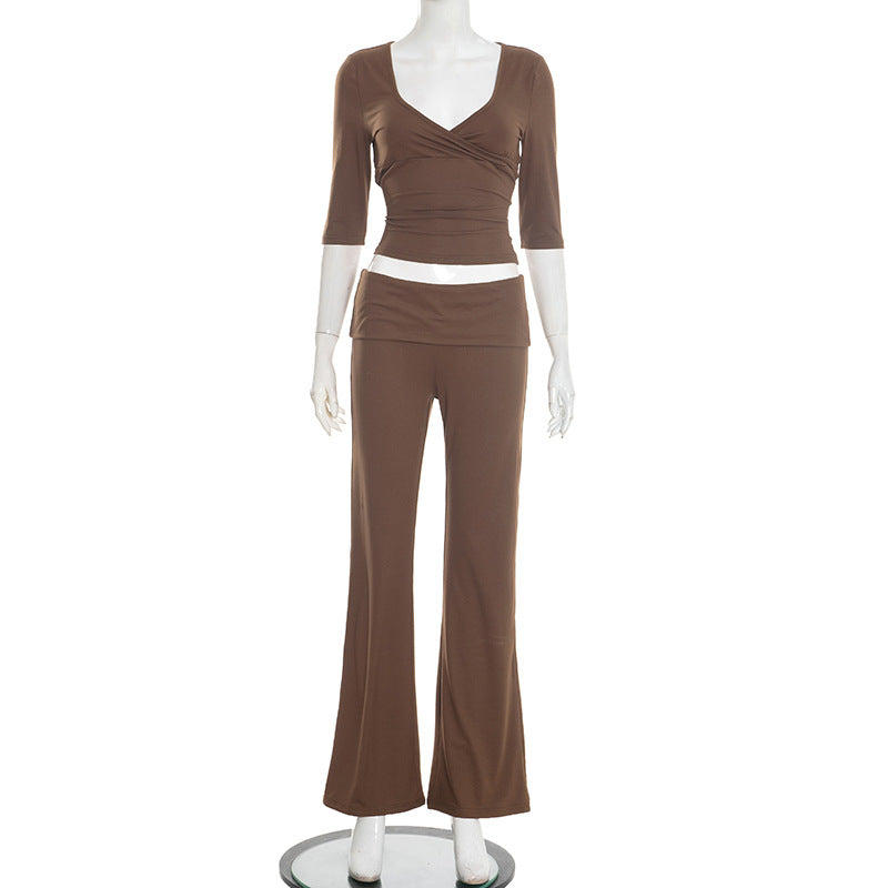 Damen lässiges Set aus elegantem Oberteil und fließenden Schlaghosen Echo Archiv