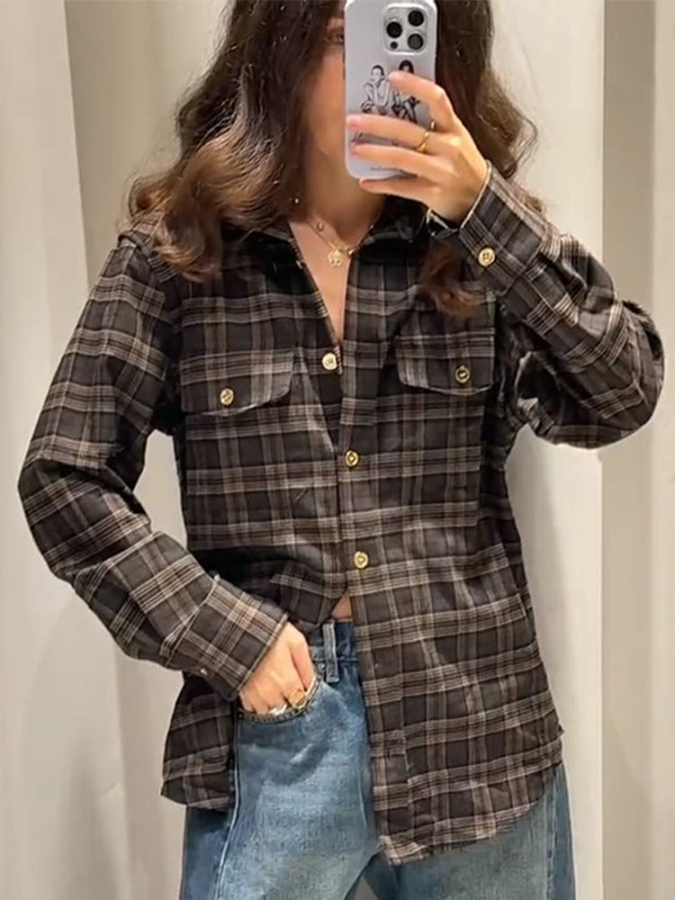 Damen Kariertes Overshirt mit Brusttaschen und goldenen Druckknöpfen Echoarchiv