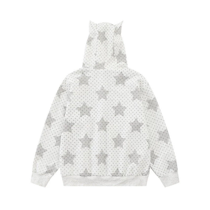 Damen Kapuzen‑Sweatjacke mit 3D‑Ohrenapplikationen, durchgehendem Reißverschluss und verspieltem Militär‑Illustrationsprint Echoarchiv