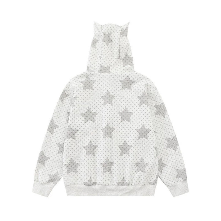 Damen Kapuzen‑Sweatjacke mit 3D‑Ohrenapplikationen, durchgehendem Reißverschluss und verspieltem Militär‑Illustrationsprint Echoarchiv