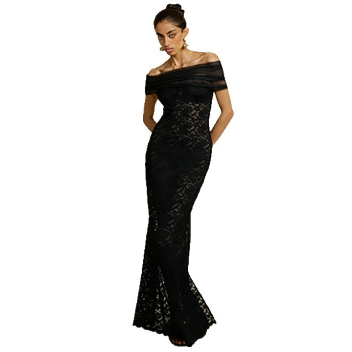 Damen Spitzen-Maxikleid mit schulterfreiem Design und elegantem Drapierungseffekt Echo Archiv