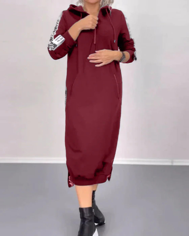Damen nan knöchellanges Kapuzen-Sweatkleid mit Halbzip, Kängurutaschen und seitlicher Zierpaspel Echo Archiv