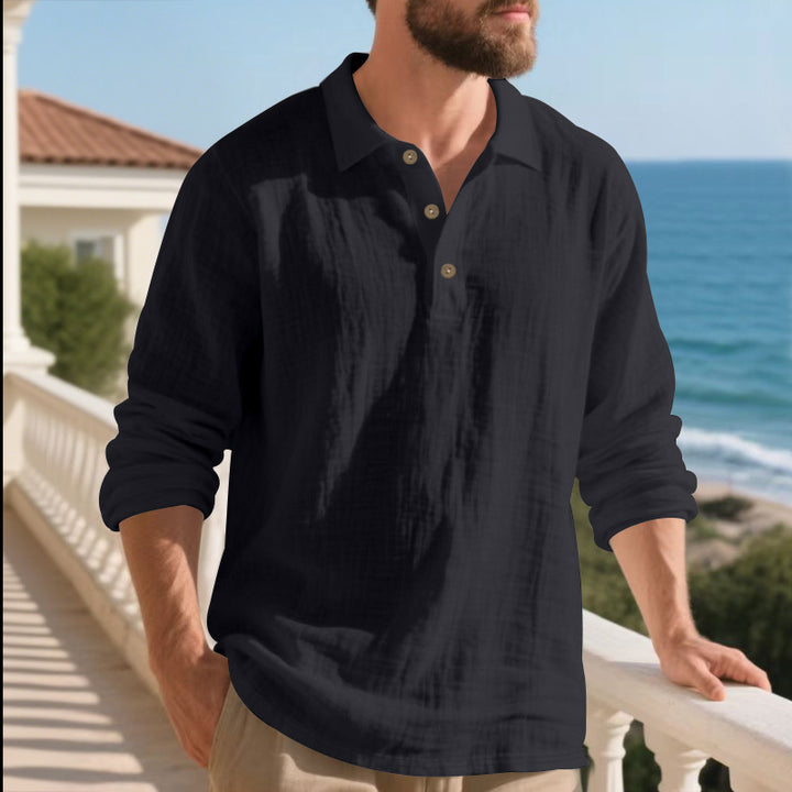 Herren Langarm-Henley-Shirt aus atmungsaktivem Baumwollmix mit modernem Design Echoarchiv