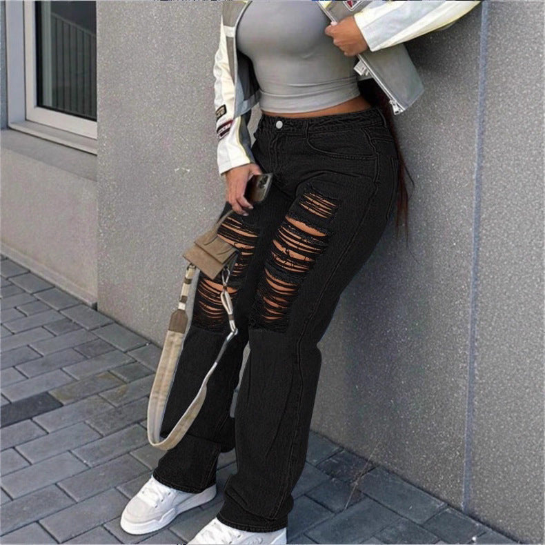 Damen hochgeschnittene weite Denim-Jeans mit ausgeprägten Ripped-Details und lässigem Schnitt Echo Archiv