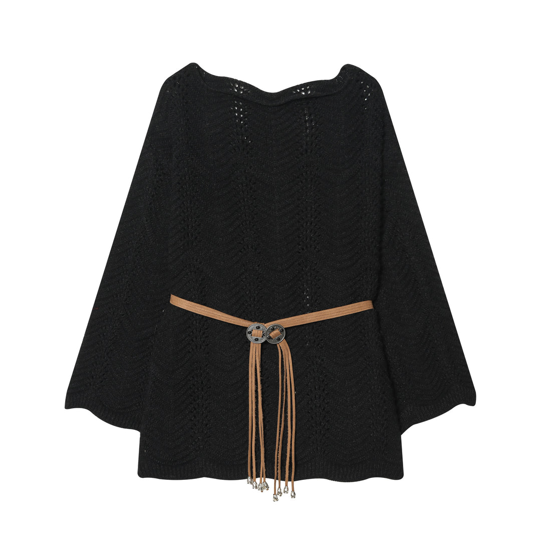 Damen nan gestricktes Poncho-Cape mit dekorativem Lederbandgürtel Echo Archiv