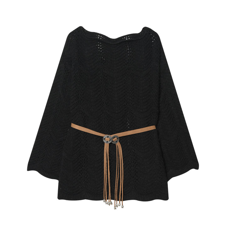 Damen nan gestricktes Poncho-Cape mit dekorativem Lederbandgürtel Echo Archiv
