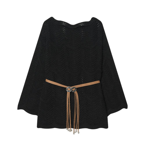 Damen nan gestricktes Poncho-Cape mit dekorativem Lederbandgürtel Echo Archiv