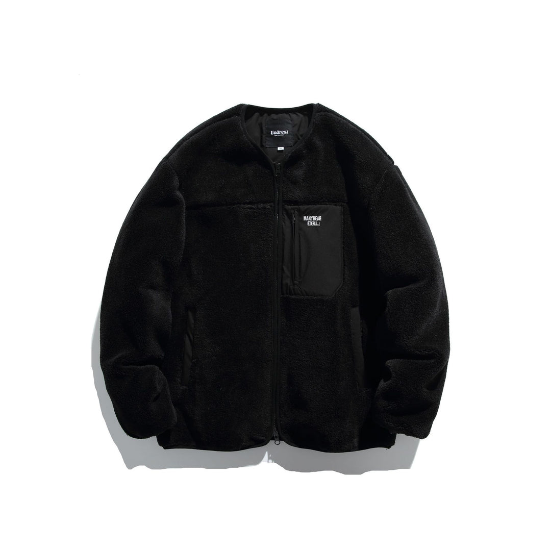Unisex Kurz geschnittene Teddy‑Fleecejacke mit Nylon‑Brusttasche und durchgehendem Reißverschluss Echoarchiv