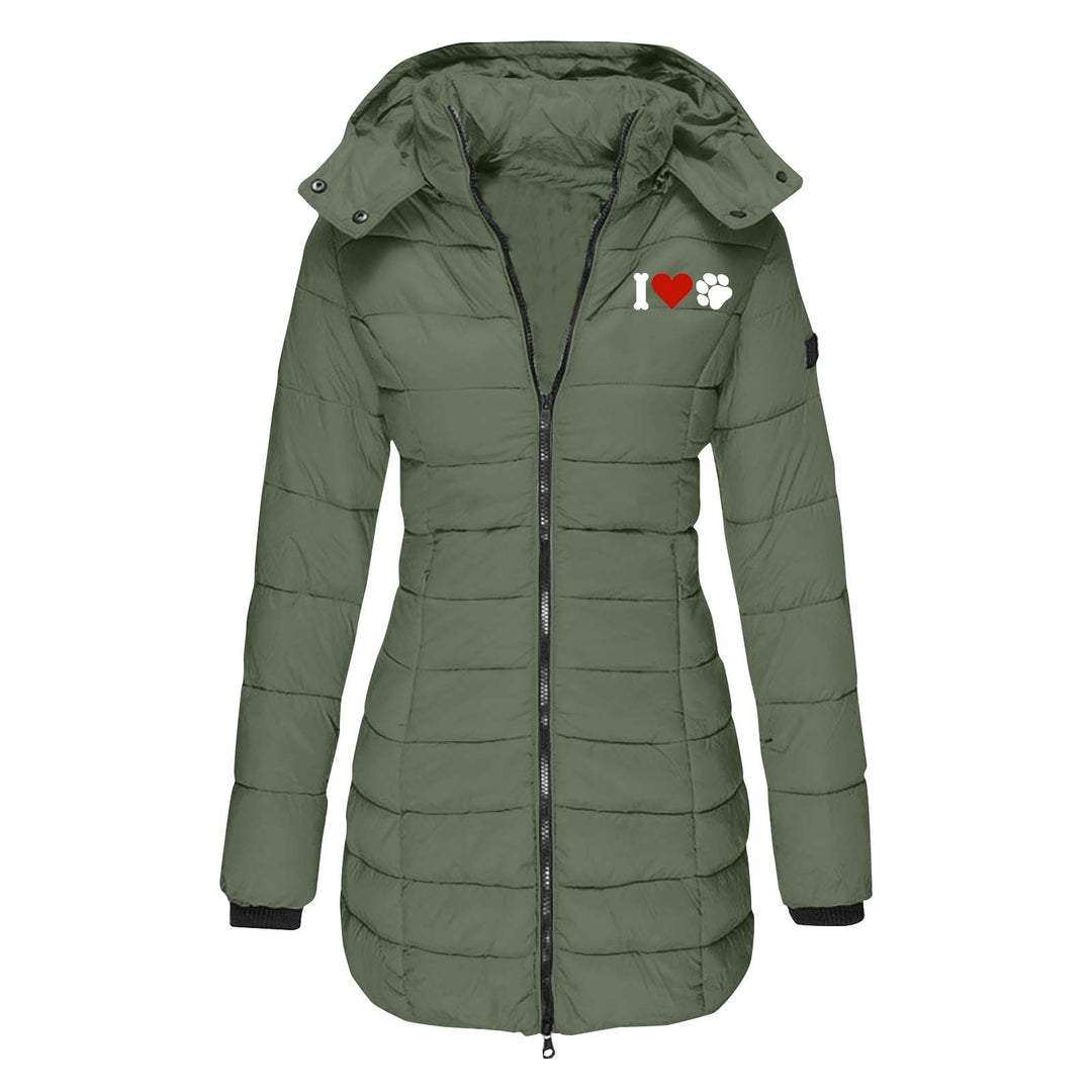 Damen nan gesteppte Steppjacke mit Kapuze, taillierter Silhouette und Herz-Pfoten-Print Echo Archiv