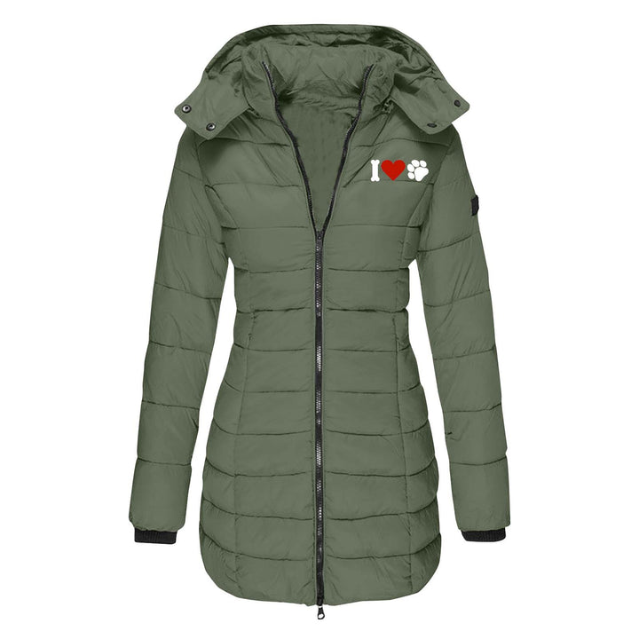 Damen nan gesteppte Steppjacke mit Kapuze, taillierter Silhouette und Herz-Pfoten-Print Echo Archiv