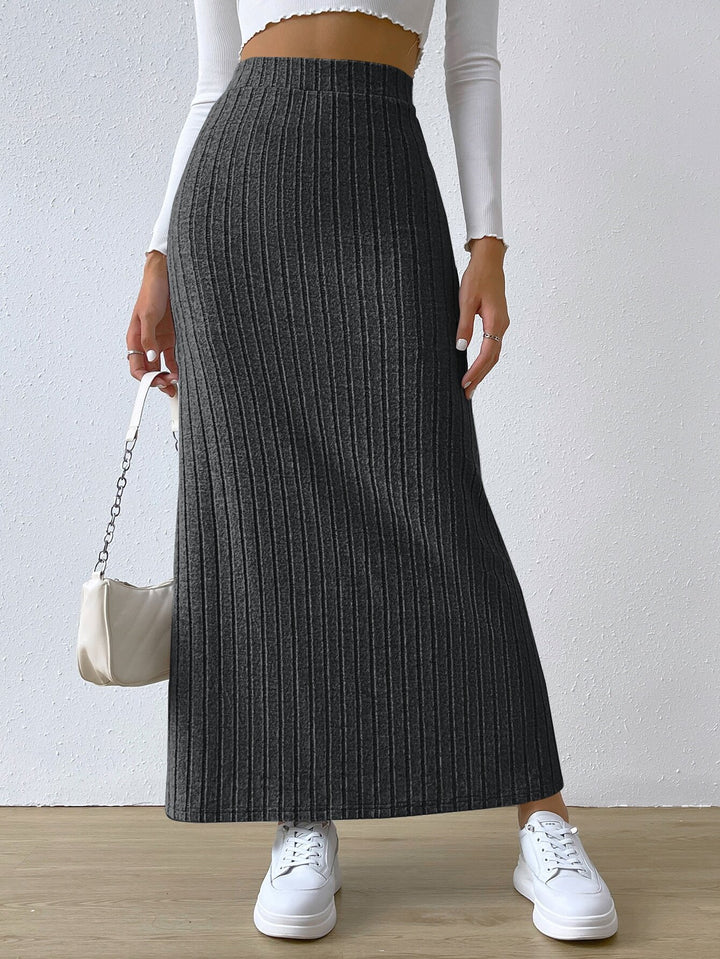 Damen gerippter Midirock mit hohem Bund und figurumspielender A-Linie – Rosévia