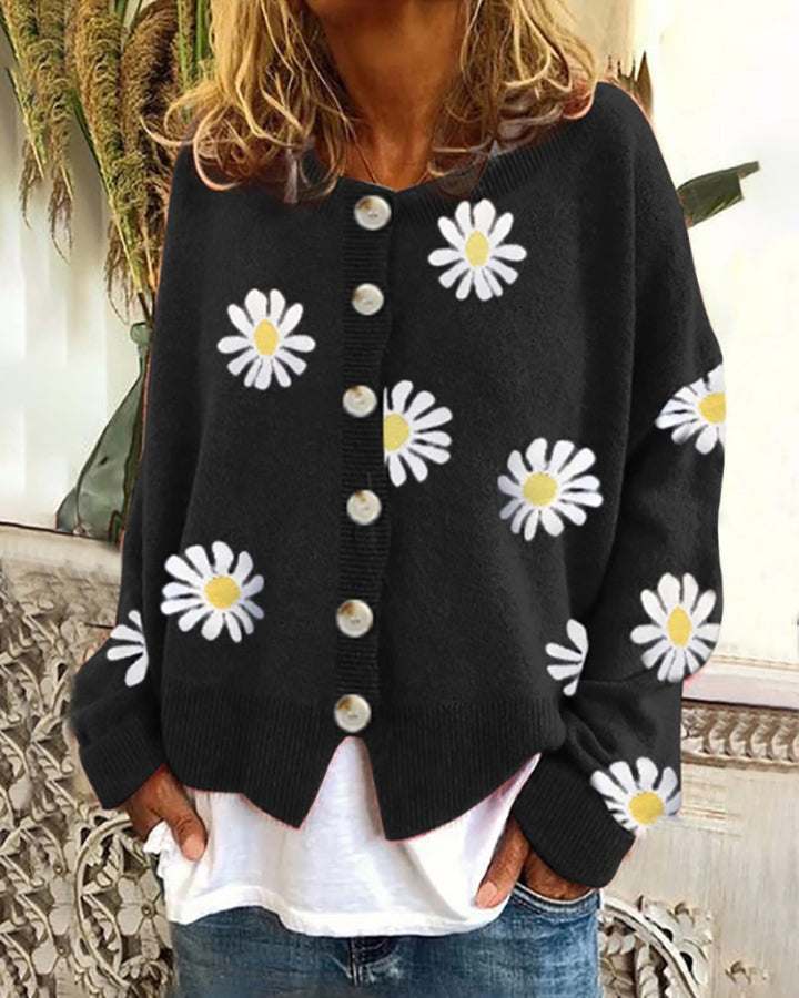 Damen Oversize Strickcardigan mit Knopfleiste und Gänseblümchen-Print Echo Archiv