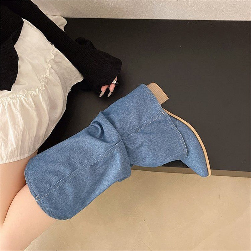 Damen Slouchy Cowboy‑Stiefel aus Denim mit spitzer Zehenform und niedrigem Blockabsatz – Lioré