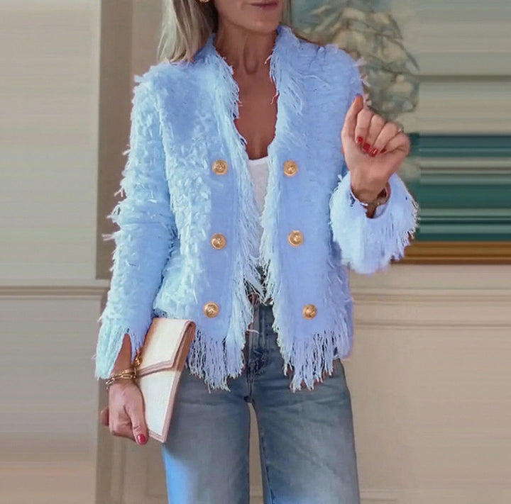 Damen nan fransenbesetzte Kurzjacke mit strukturierter Oberfläche und Zierknopfreihe Echo Archiv