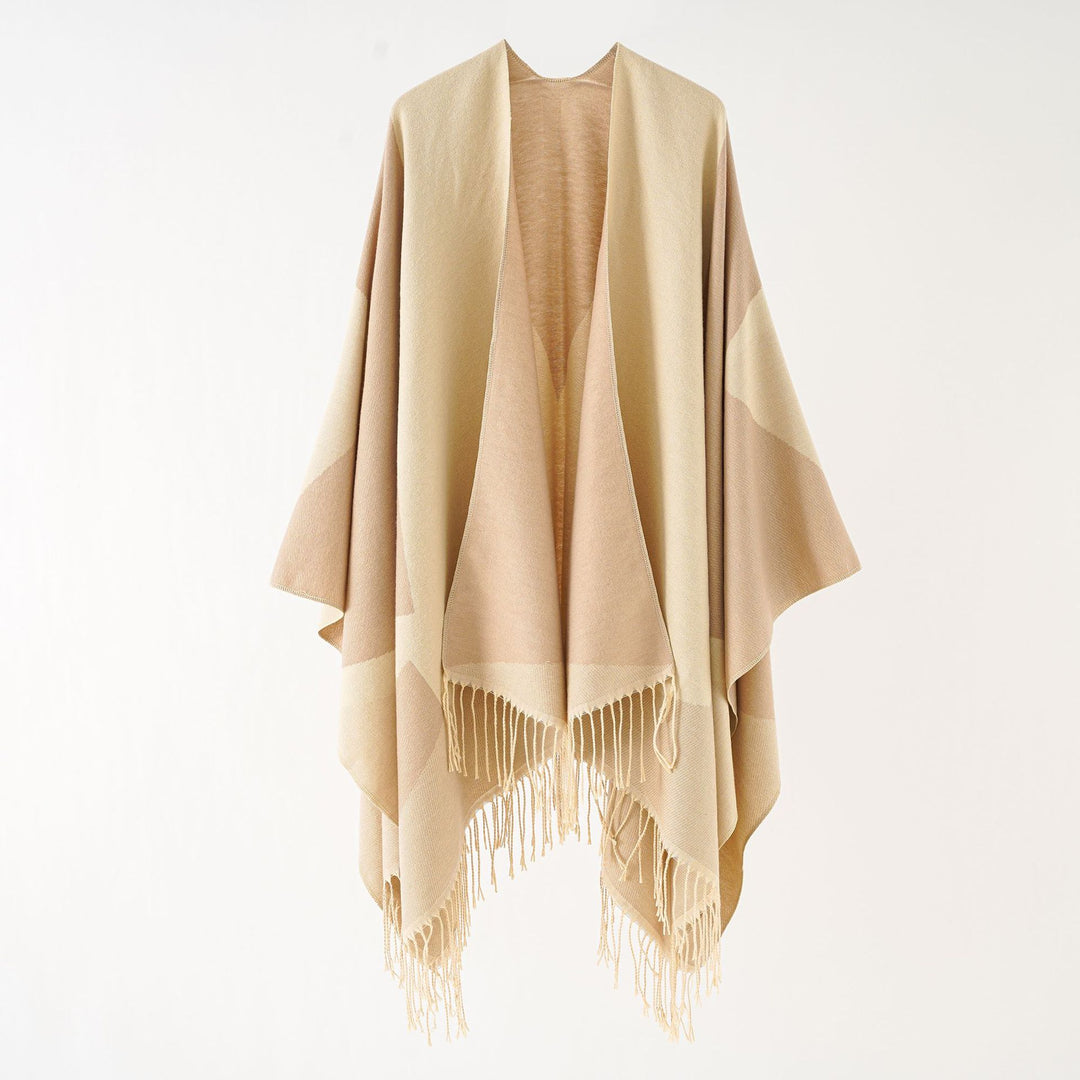 Damen Leichter reversibler Fransen-Umhang aus feiner Wollmischung – Montévia