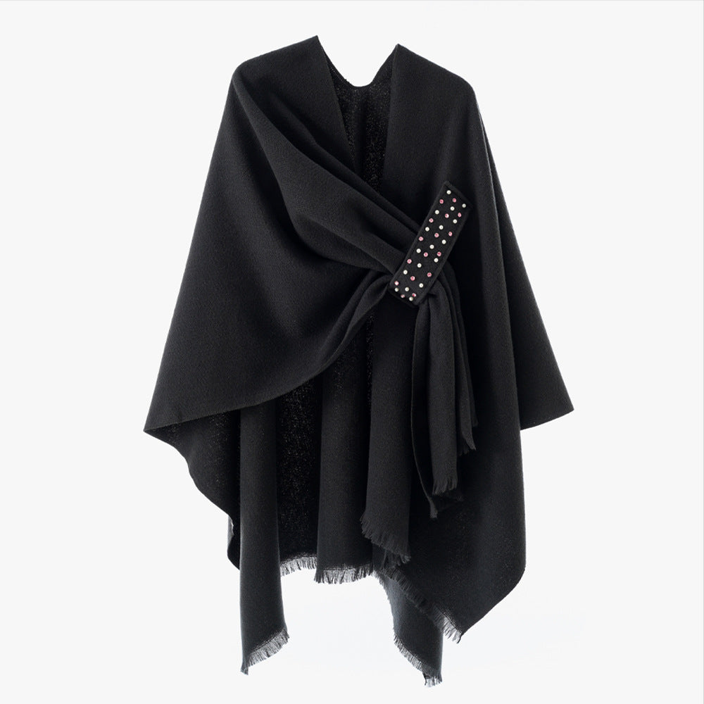 Damen Eleganter Wickel-Umhang aus Wollmischung mit Taillenschärpe und Fransensaum – Avérine