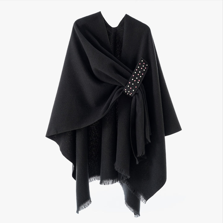 Damen Eleganter Wickel-Umhang aus Wollmischung mit Taillenschärpe und Fransensaum – Avérine