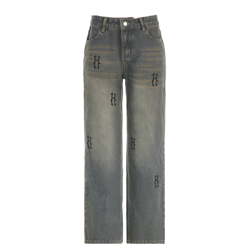 Damen nan hochtaillierte weite Denim-Jeans mit geradem Bein, Five-Pocket und Ton-in-Ton Stickerei Echo Archiv
