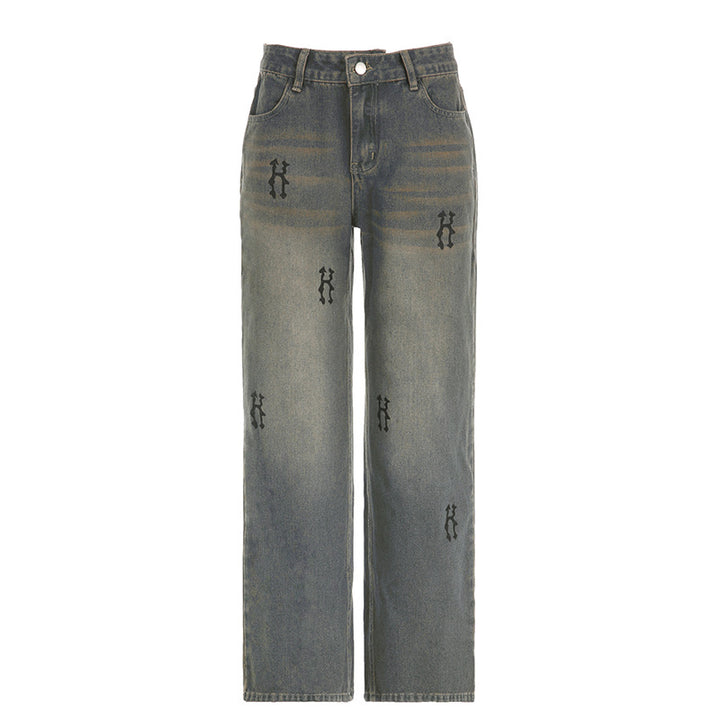 Damen nan hochtaillierte weite Denim-Jeans mit geradem Bein, Five-Pocket und Ton-in-Ton Stickerei Echo Archiv