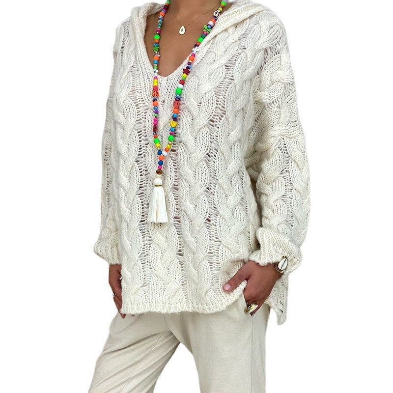 Damen nan oversized Kapuzenpullover mit Zopfmuster, tiefem V-Ausschnitt und seitlichen Schlitzen Echo Archiv