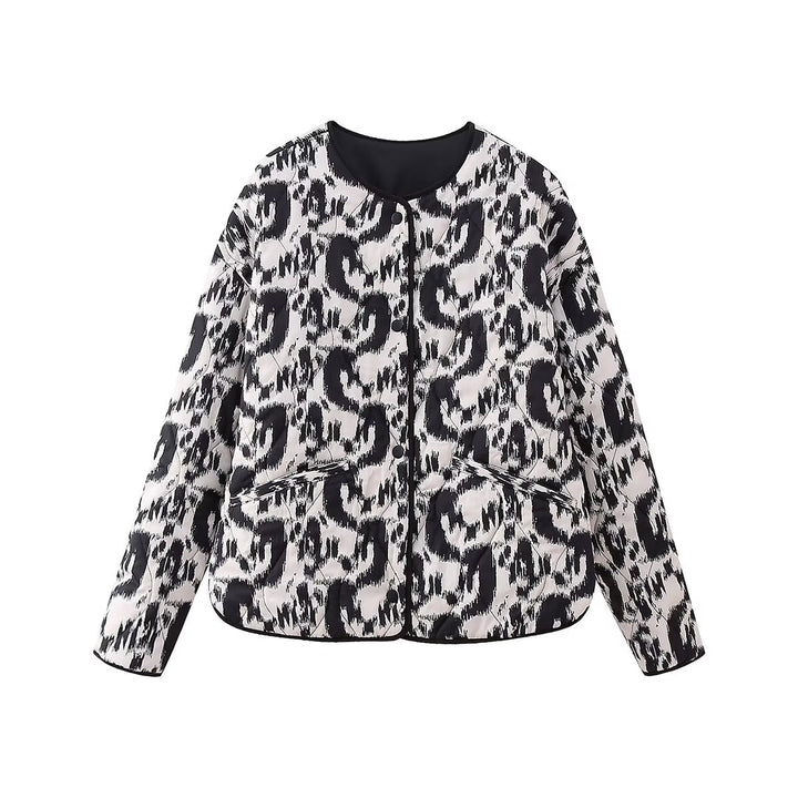 Damen gesteppte Ikat-Print Steppjacke mit Rundhalsausschnitt, kontrastpaspel und aufgesetzten Taschen – Célinea