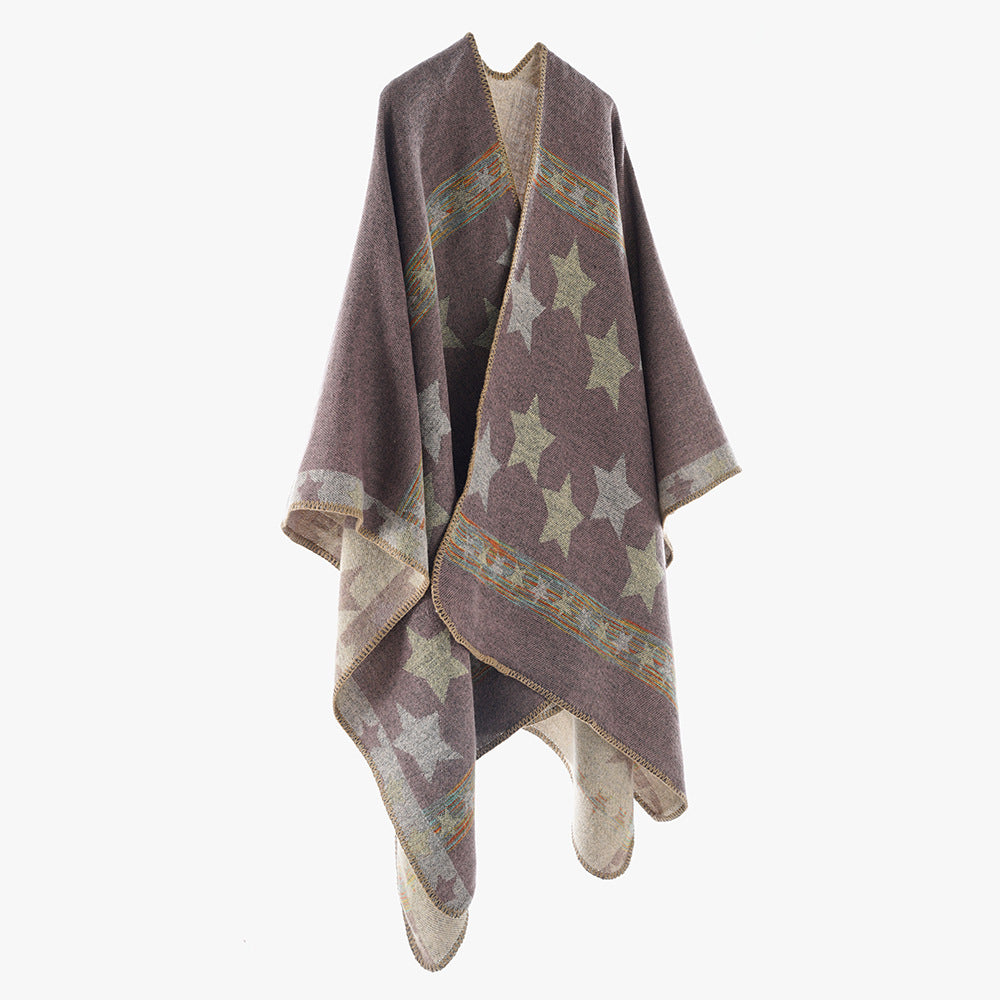 Damen Oversize-Capeponcho aus Wollmix mit zweilagigem Stern‑Jacquard und dekorativer Kettelnaht – Montévia