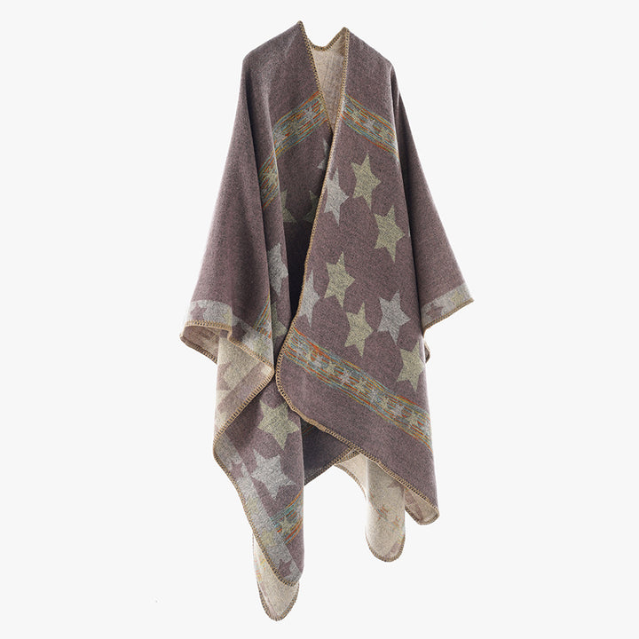 Damen Oversize-Capeponcho aus Wollmix mit zweilagigem Stern‑Jacquard und dekorativer Kettelnaht – Montévia