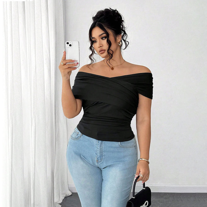 Damen elegantes Wickeloberteil mit schulterfreiem Design und Raffung Echo Archiv