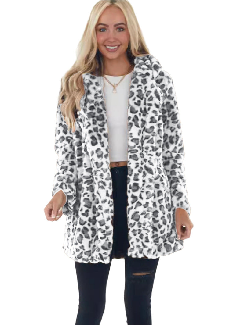 Damen Kunstfell Leopardenmuster Kapuzen Plüsch Mid-Length Mantel – Montévia