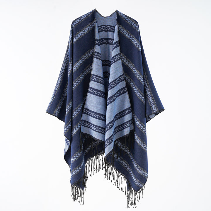 Damen Wollmix-Wickelponcho im Jacquardstreifen mit Fransen Echo Archiv