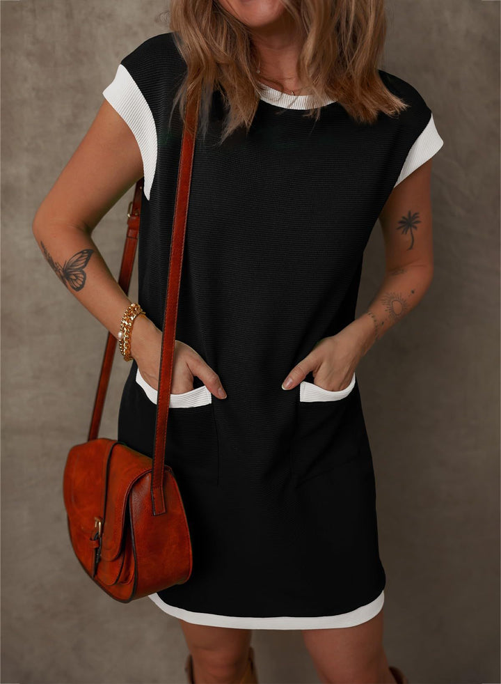 Damen Ärmelloses A-Linien-Shiftkleid mit Kontrastkanten, aufgesetzten Taschen und strukturierter Rippoptik – Lunéa