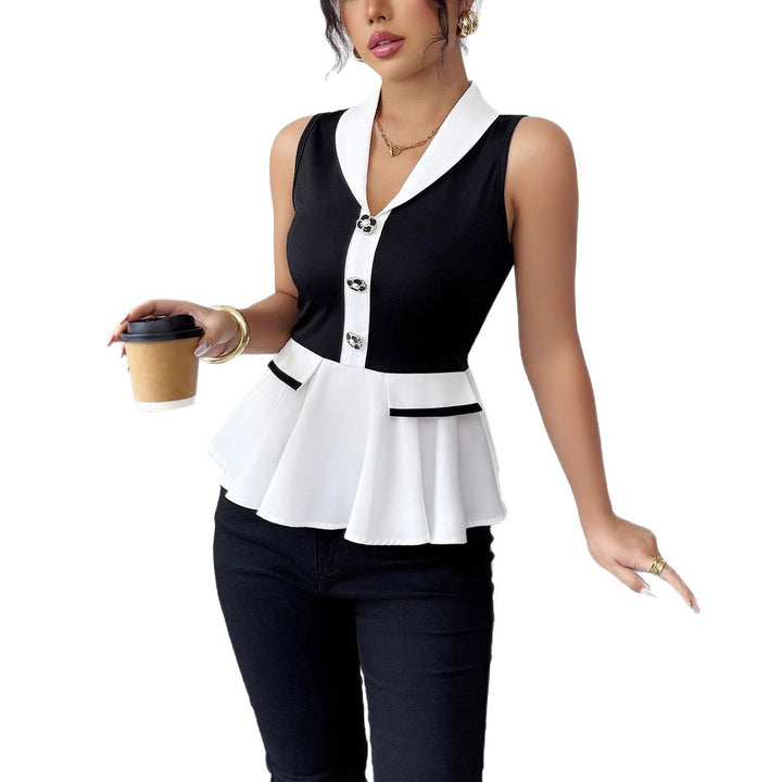 Damen Elegantes Peplum-Oberteil mit Kragen und Knopfdetaillierung Echo Archiv