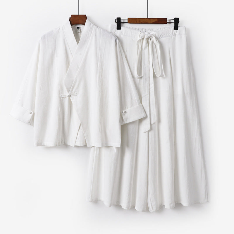 Damen Leichtes Kimono-Loungewear-Set mit V-Ausschnitt dreiviertelärmeln und weiten Palazzo-Hosen Echoarchiv