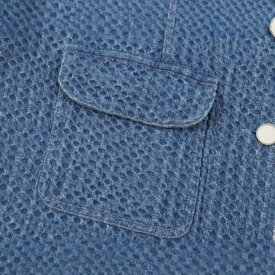 Damen Cropped Boxy-Jeansjacke mit Waffelstruktur, aufgesetzten Pattentaschen und Fransenabschluss Echo Archiv