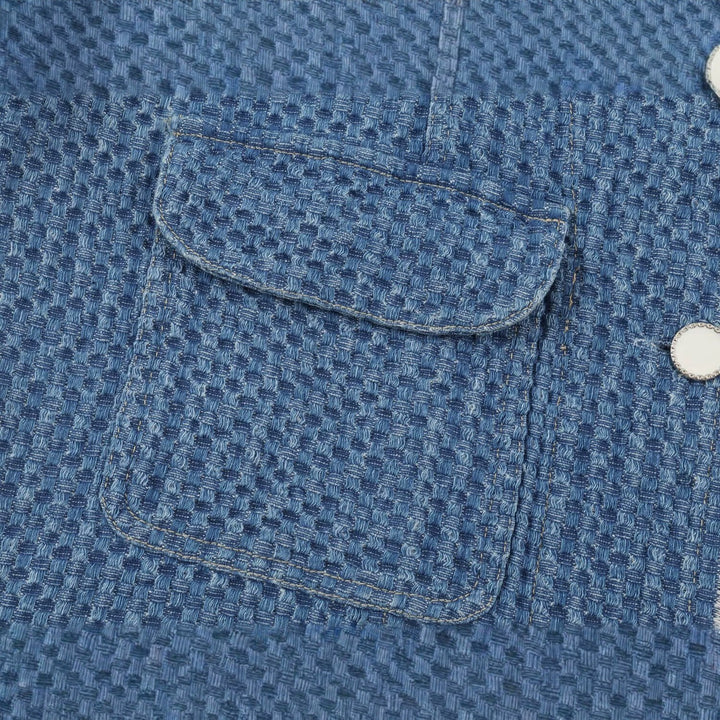 Damen Cropped Boxy-Jeansjacke mit Waffelstruktur, aufgesetzten Pattentaschen und Fransenabschluss Echo Archiv