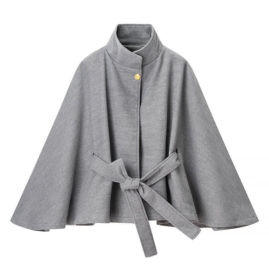 Damen Kurzcape-Mantel aus Wollmix mit Stehkragen, weitem Kimonoärmel und Bindegürtel Echo Archiv