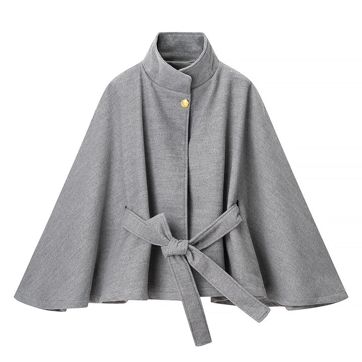 Damen Kurzcape-Mantel aus Wollmix mit Stehkragen, weitem Kimonoärmel und Bindegürtel Echo Archiv