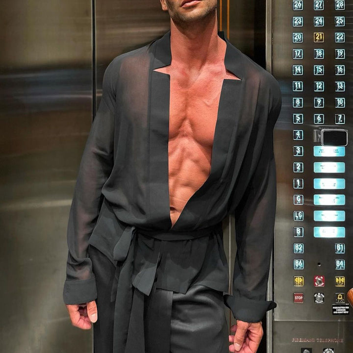 Herren transparenter Kimono mit tiefem V-Ausschnitt und Bindegürtel Echoarchiv